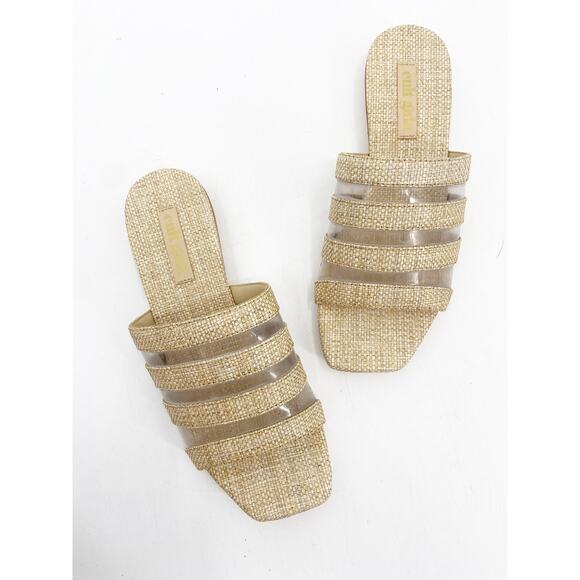 Cult Gaia Natural Beige Sarelle Woven Raffia Straw Flat Square Toe Sandals Sz 35 - Picture 1 of 4